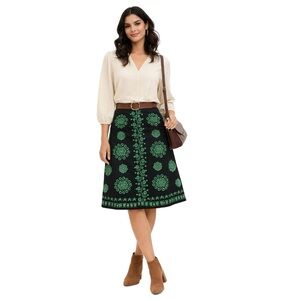 Anthropologie LITHE, Black & Green Embroidered A-Line Skirt Folk Boho, Size 10